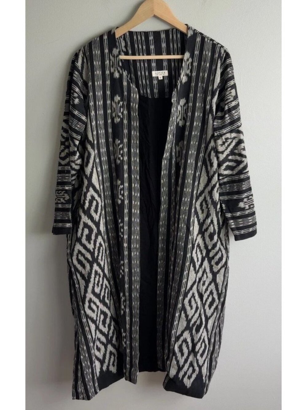 NOVICA 100% Cotton Ikat Duster Cardigan Black White Geometric Size XL Woven Wm’s